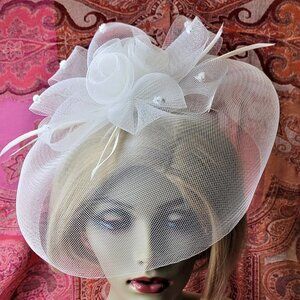 White Saucer Fascinator Mesh with White Rosette Saucer Hair Accessory